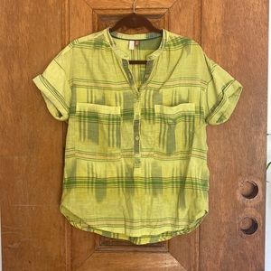 Pilcro Anthropologie plaid SMALL green yellow shirt sleeve top blouse pullover